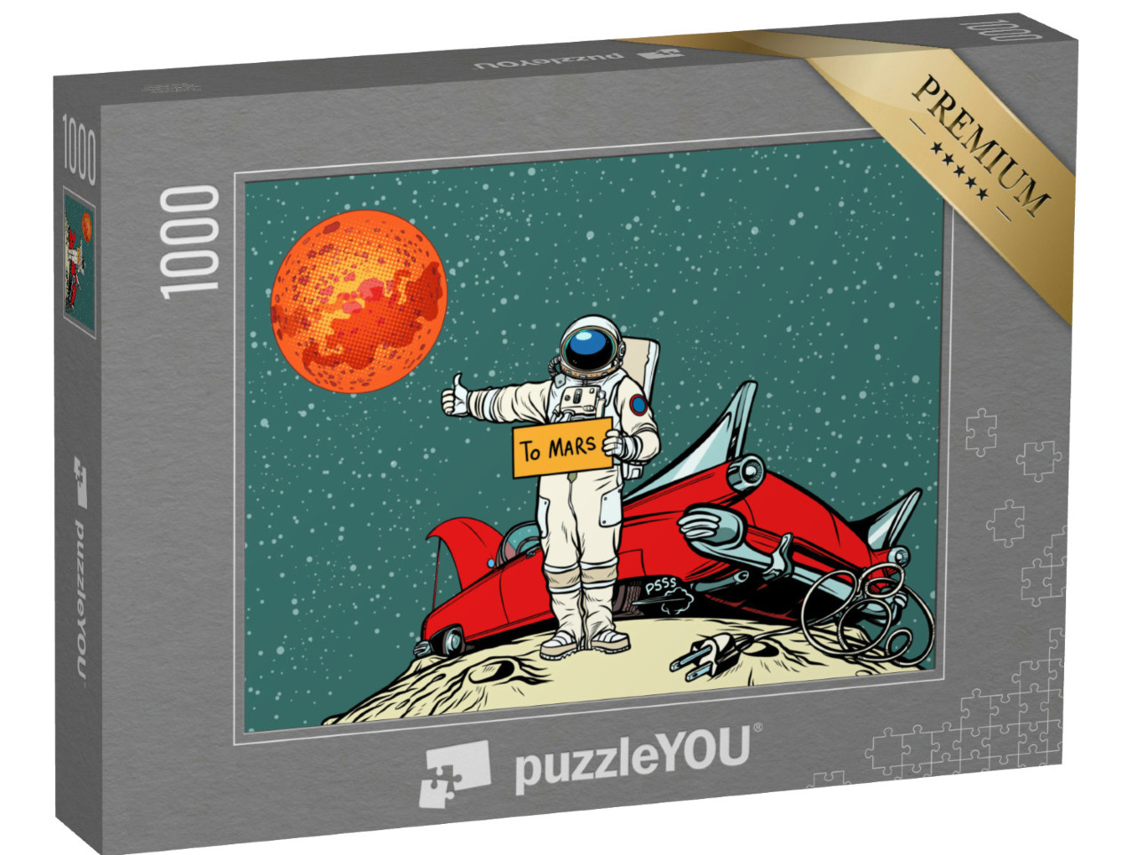 Puzzle 1000 Teile „Der Weg zum Mars, Auto hat eine Panne im Weltraum“