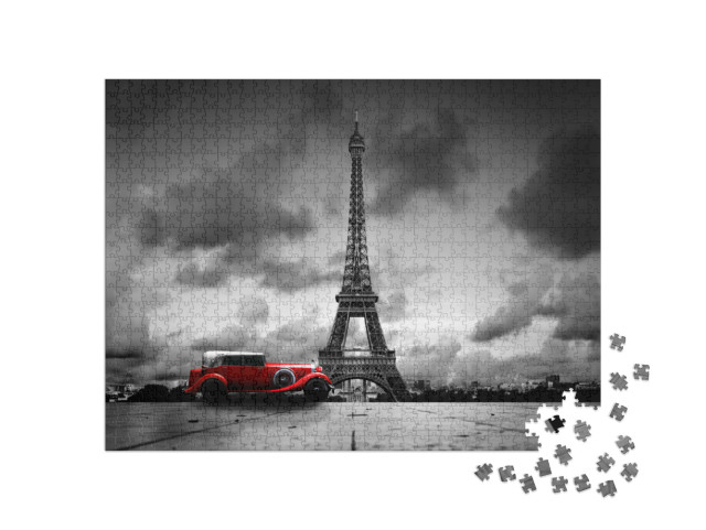 Puzzle 1000 Teile „Künstlerisches Bild vom Eiffelturm mit Retro-Auto in Schwarz-Weiß“