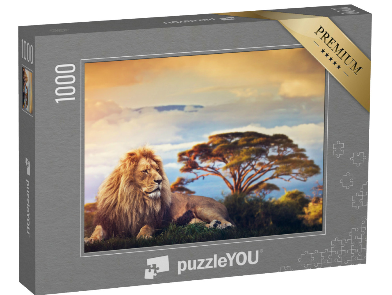 Puzzle 1000 Teile „Ein Löwe liegt inmitten der Savanne vor dem Kilimandscharo“