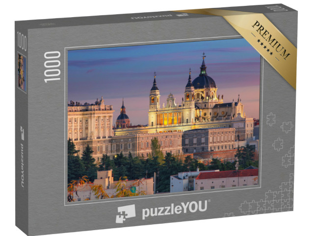 Puzzle 1000 Teile „Abendstimmung in Madrid - Kathedrale Santa Maria und Königspalast“