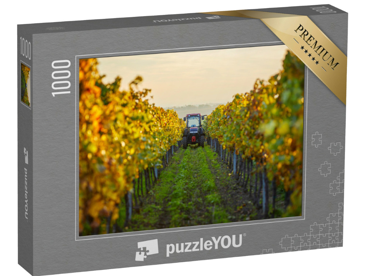 Puzzle 1000 Teile „Herbstliche Reihen von Weinreben mit einem Traktor“