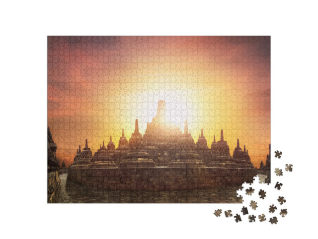 Puzzle 1000 Teile „Sonnenuntergang am Borobudur-Tempel“
