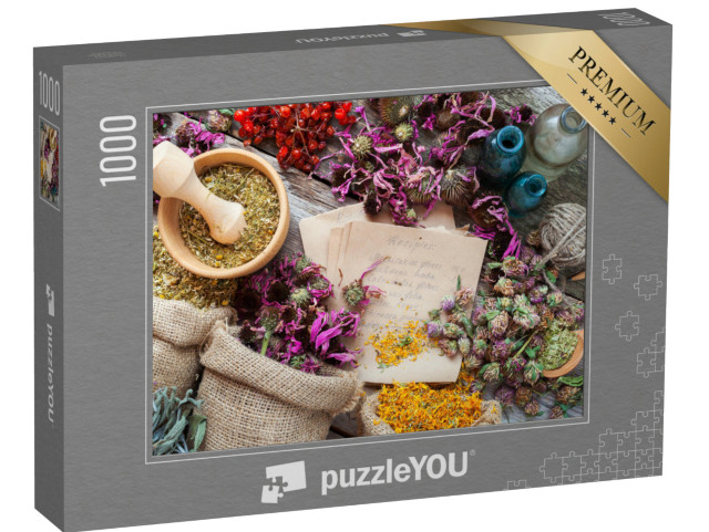 Puzzle 1000 Teile „Rezepte der Kräutermedizin und getrocknete Blüten“