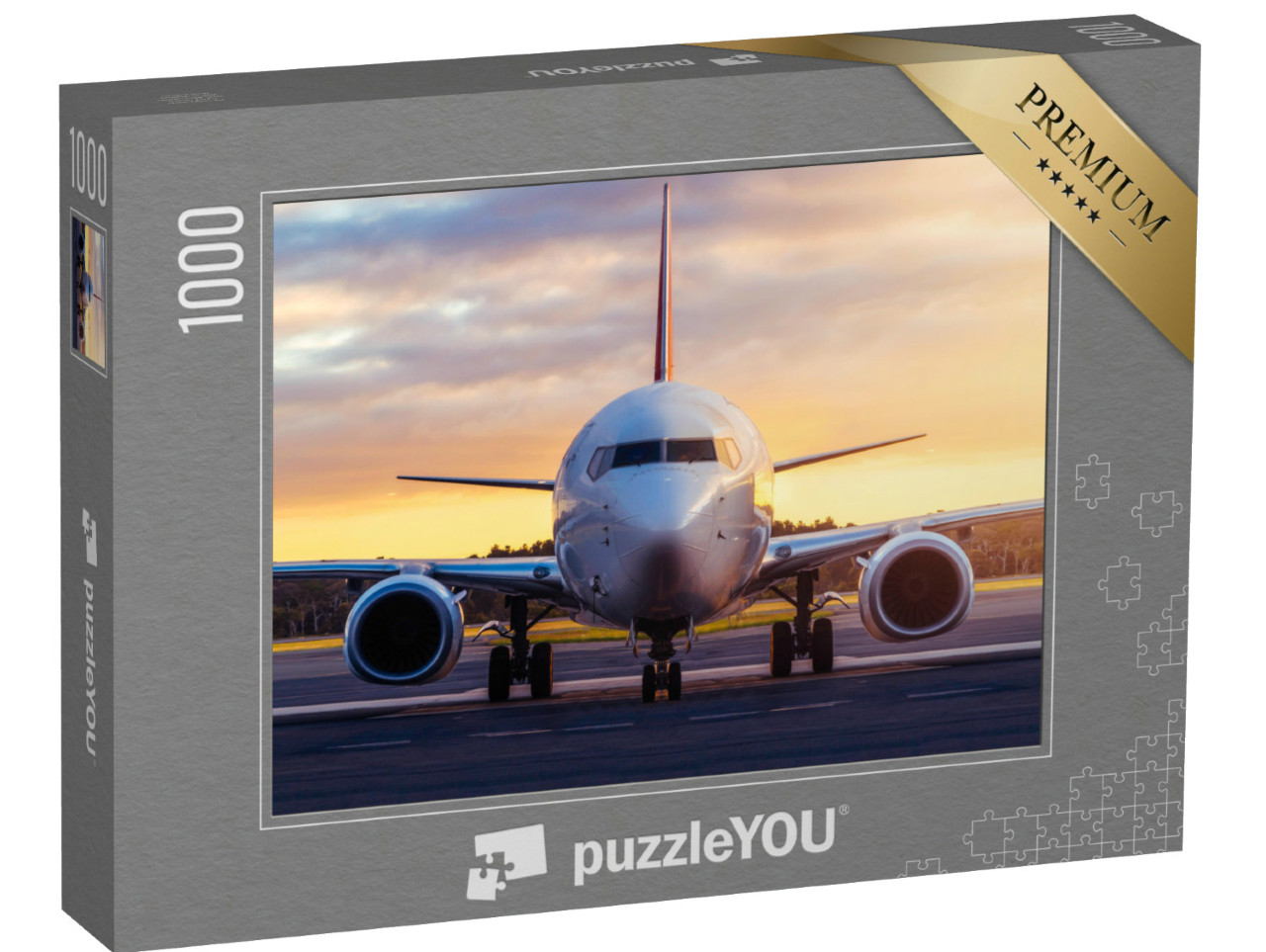 Puzzle 1000 Teile „Flugzeug, bereit zum Start in den Sonnenuntergang“