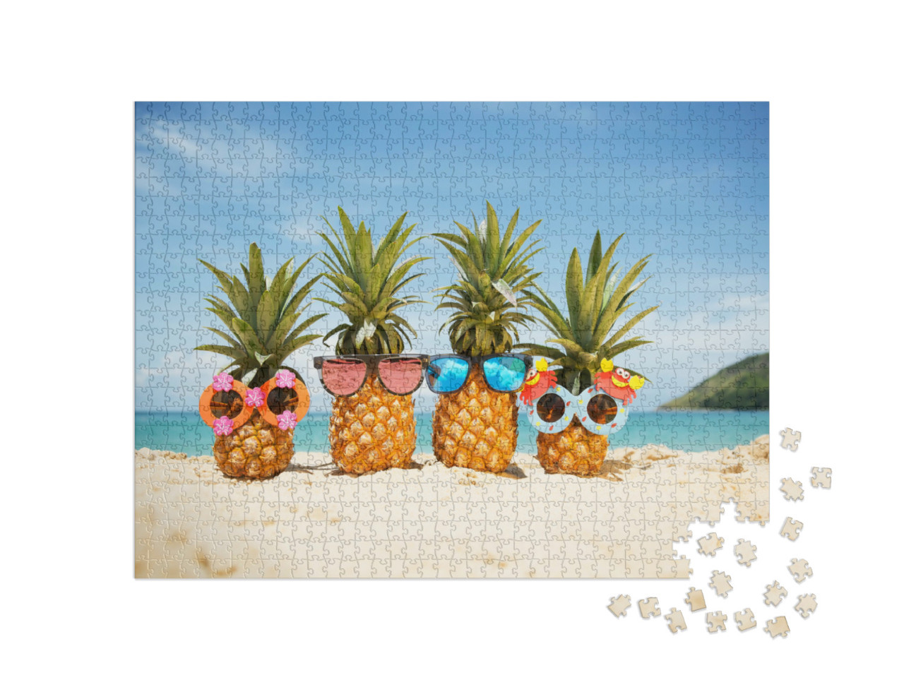 Puzzle 1000 Teile „Coole Ananas-Früchte mit Sonnenbrillen am Strand“