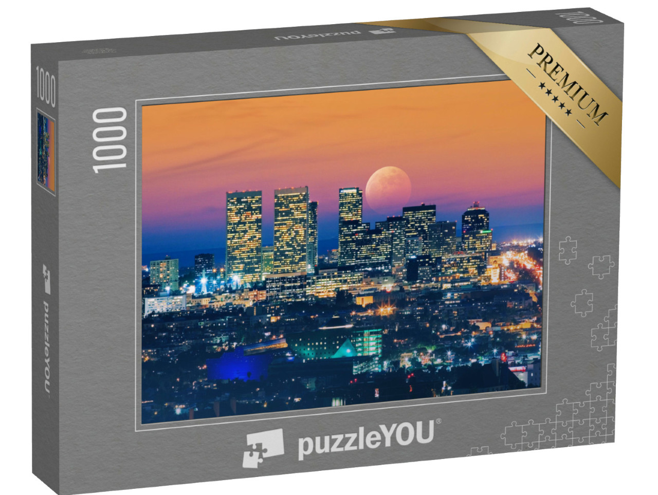 Puzzle 1000 Teile „Vollmond über Los Angeles auf, im Hintergrund der pazifische Ozean“