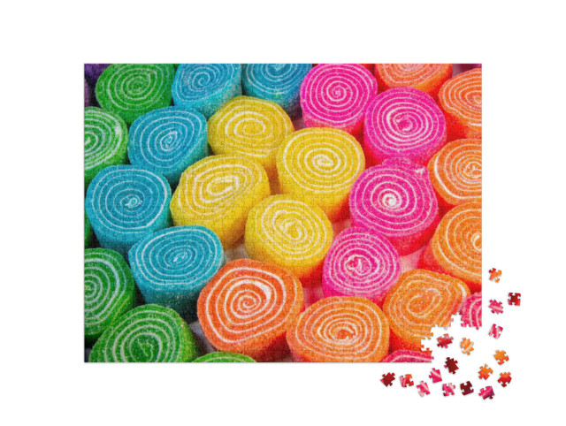 Puzzle 1000 Teile „Mehrfarbige Bonbonspiralen in Blau, Orange, Pink, Gelb und Grün“