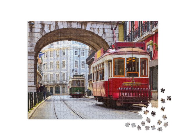 Puzzle 1000 Teile „Retro-Straßenbahn im Alfama-Viertel, Lissabon“