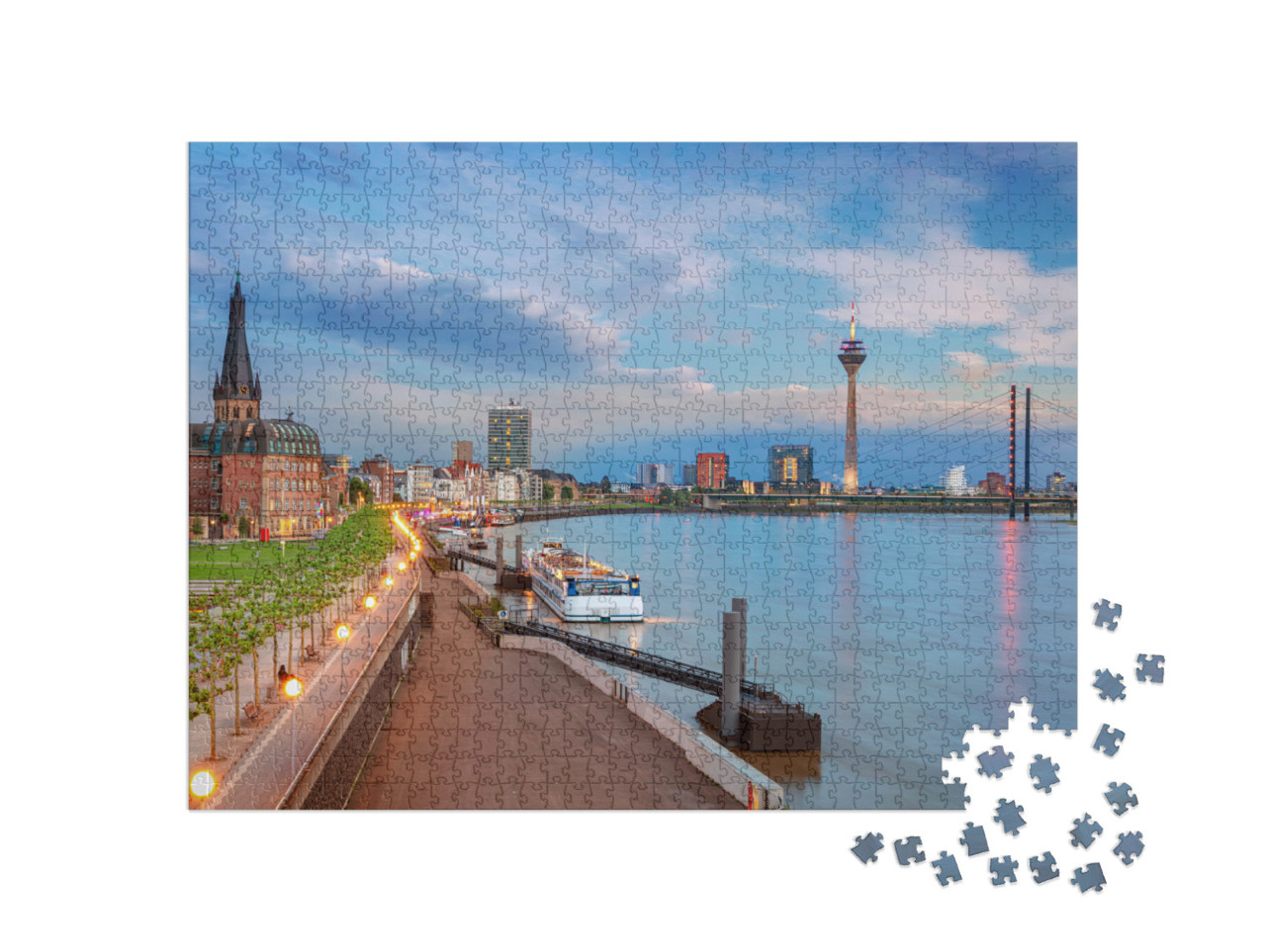 Puzzle 1000 Teile „Rhein bei Sonnenuntergang: Panorama aus Düsseldorf, Deutschland“