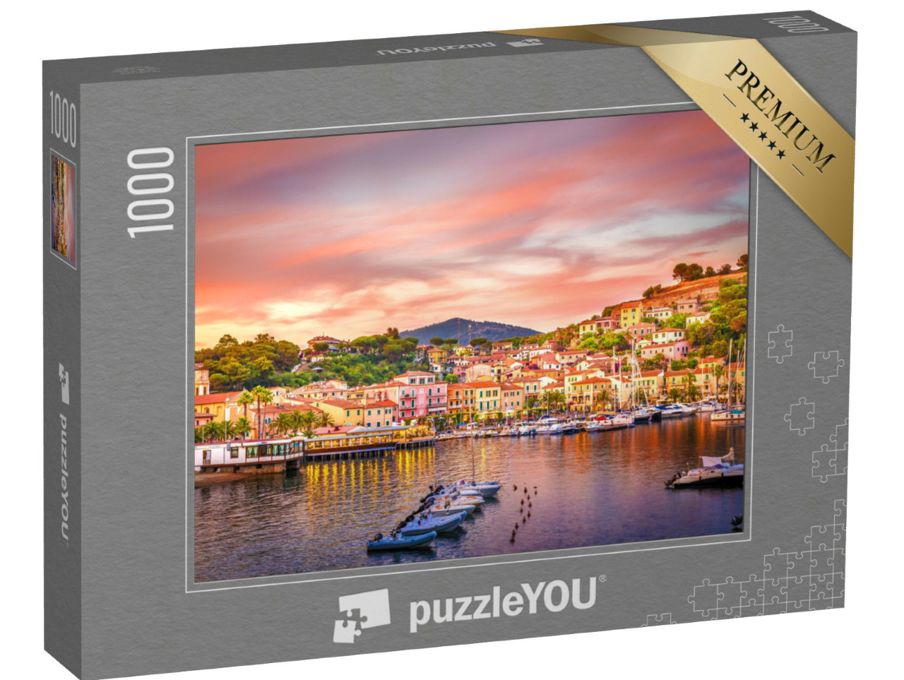 Puzzle 1000 Teile „Hafen und Dorf Porto Azzurro im Sonnenuntergang, Insel Elba, Italien“