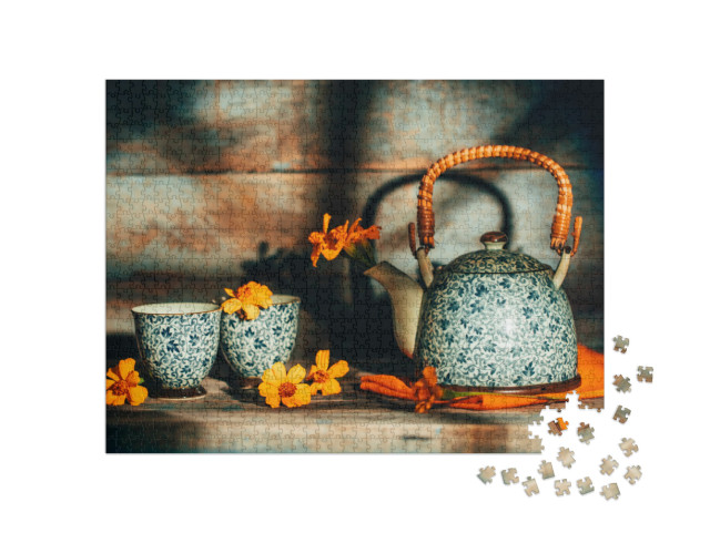 Puzzle 1000 Teile „Stillleben mit Blumen in einer Teekanne“