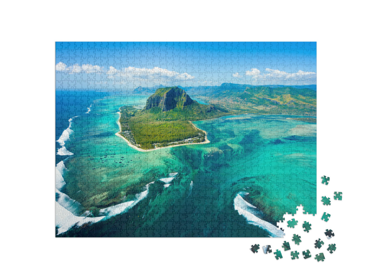 Puzzle 1000 Teile „Beeindruckende Luftaufnahme des Inselpanoramas und Unterwasser-Wasserfalls von Mauritius“