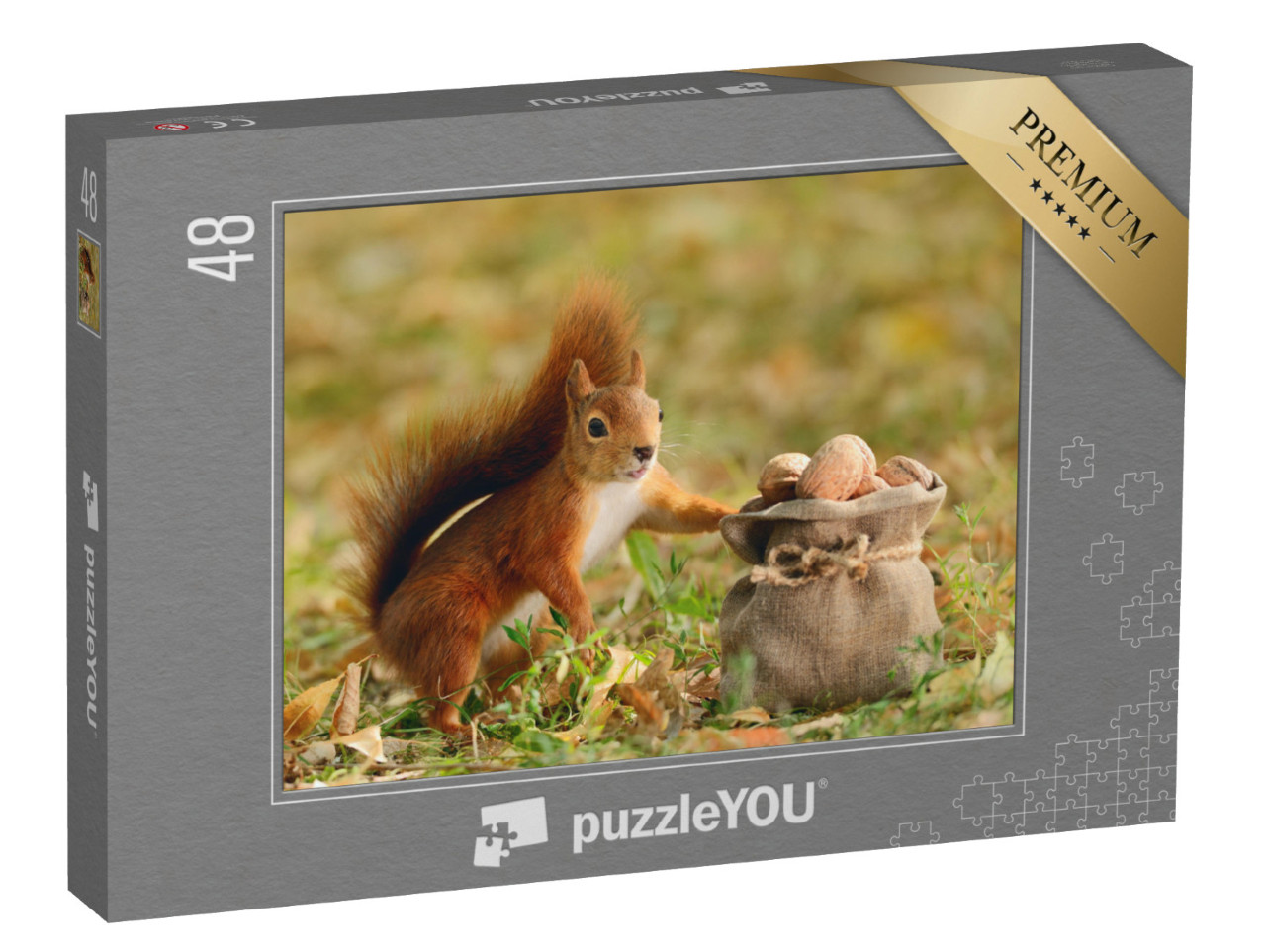 Puzzle 48 Teile „Porträt eines roten Eichhörnchens, das eine Tüte mit Nüssen hält“