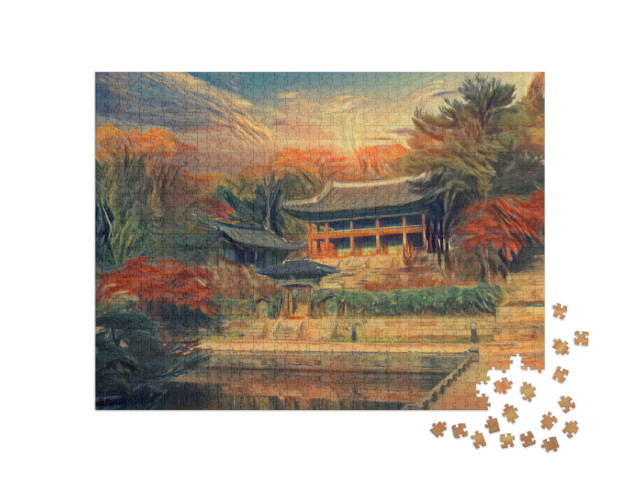 Puzzle 1000 Teile „im Stil von Edvard Munch, Der Schrei - Herbst im Changdeokgung Palast in Seoul Südkorea“