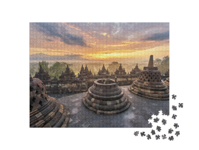 Puzzle 1000 Teile „Sonnenaufgang am Tempel Borobudur, Indonesien“