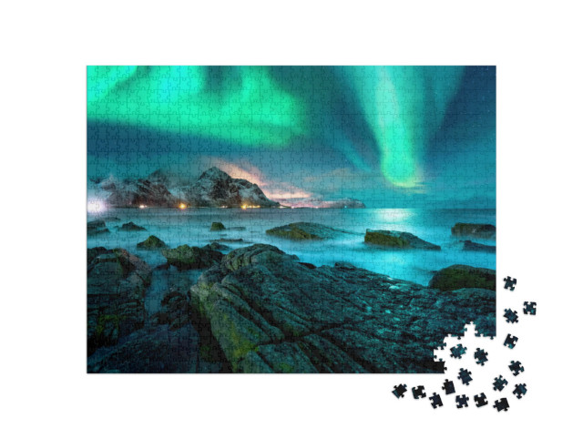 Puzzle 1000 Teile „Polarlicht über den schneebedeckten Inseln der Lofoten“