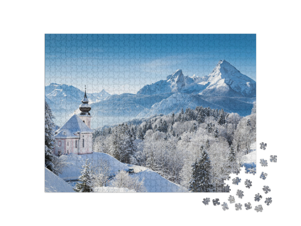 Puzzle 1000 Teile „Wallfahrtskirche und Watzmann-Gipfel im Winter, Berchtesgadener Land, Deutschland“