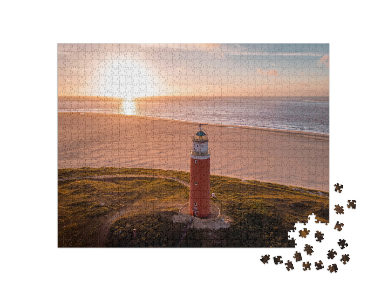 Puzzle 1000 Teile „Texel: Luftaufnahme von einem roten Leuchtturm, Niederlande“