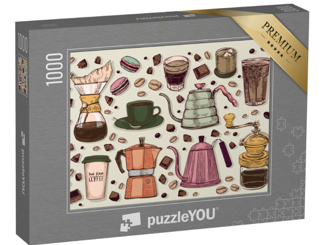 Puzzle 1000 Teile „Vektor-Grafik im Vintagestil: Kaffeekannen und mehr“