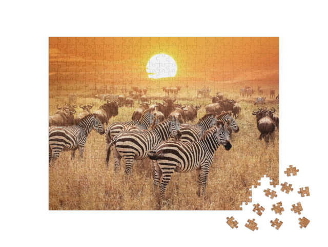 Puzzle 500 Teile „Zebra bei Sonnenuntergang im Serengeti-Nationalpark, Afrika, Tansania“