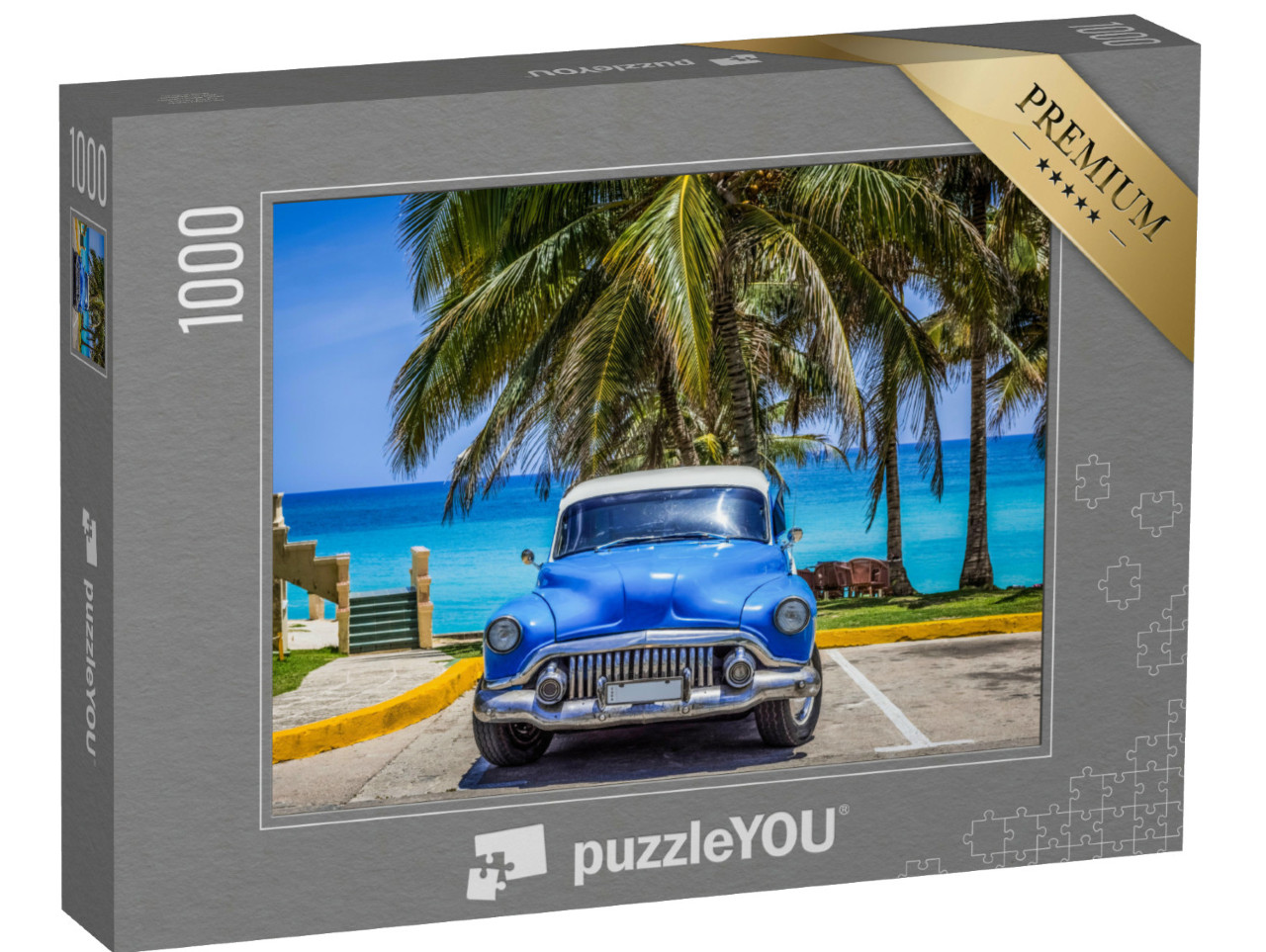 Puzzle 1000 Teile „Oldtimer: Buick steht unter Palmen am Strand, Varadero, Kuba“