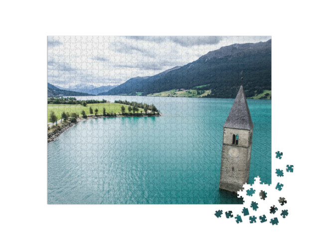 Puzzle 1000 Teile „Reschenpass zwischen Italien und Österreich, Landschaft mit Turm in Reschensee“