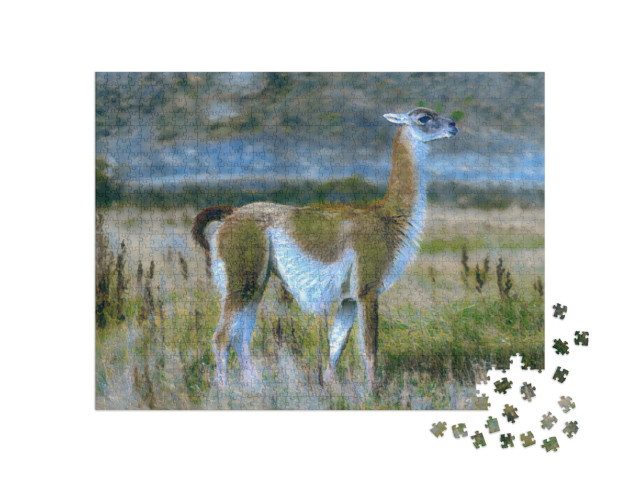 Puzzle 1000 Teile „im Kunst-Stil von Claude Monet - Guanaco im Torres del Paine Nationalpark“