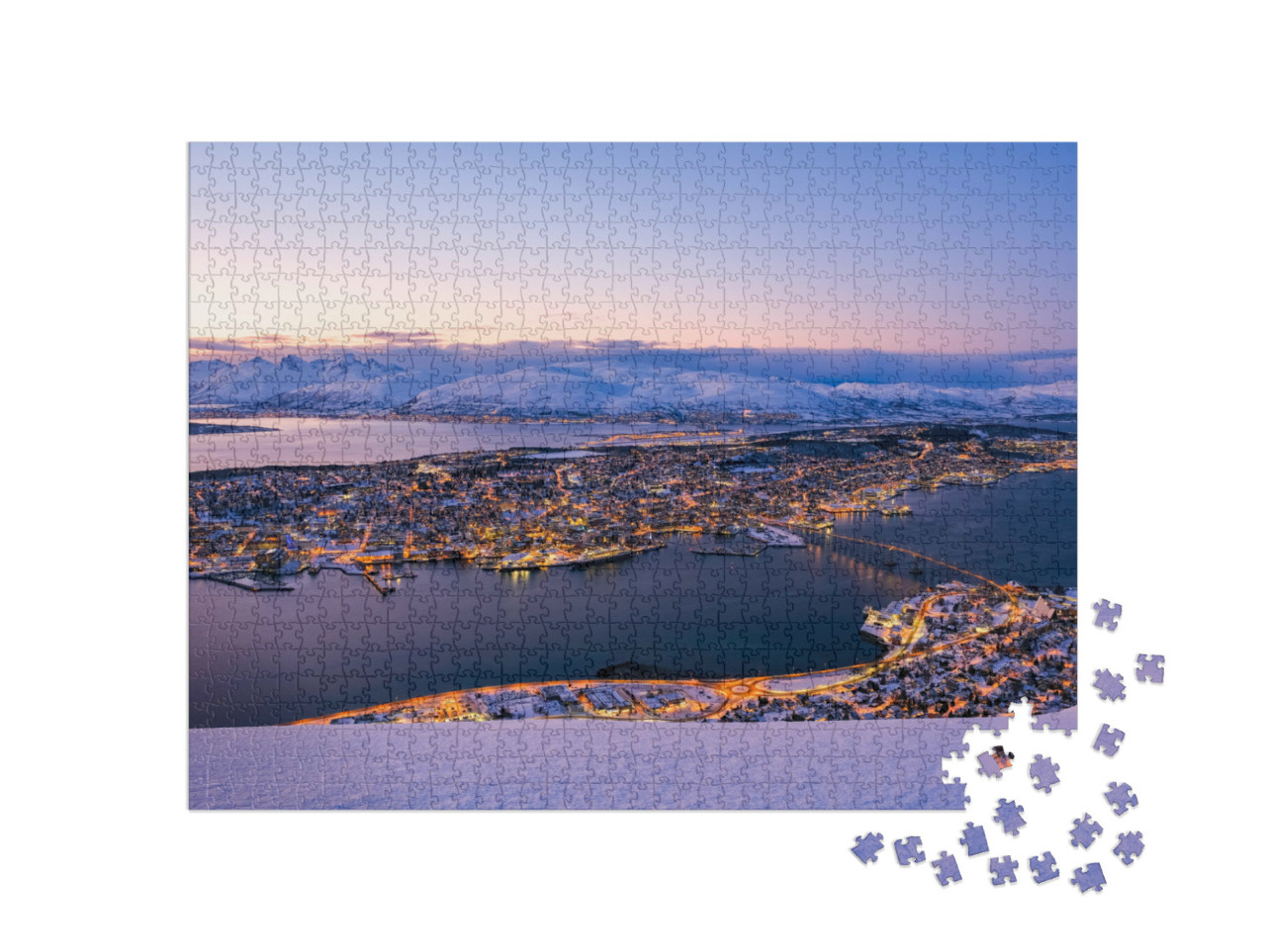 Puzzle 1000 Teile „Sonnenuntergang zur Winterzeit: Fjellheisen Seilbahn über Tromso, Norwegen“