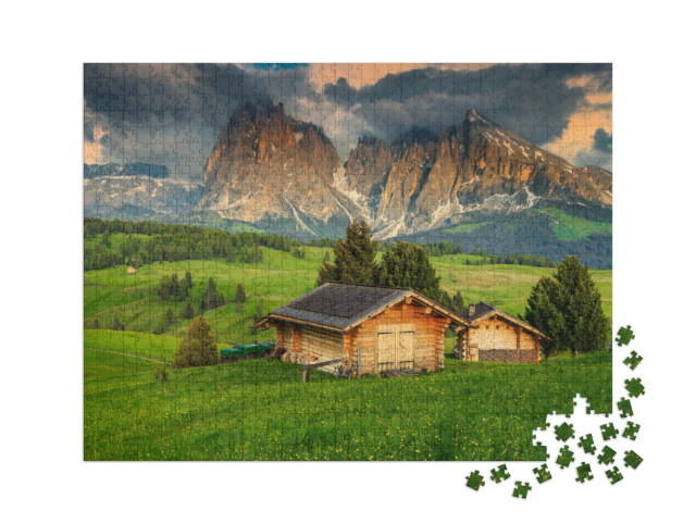 Puzzle 1000 Teile XXL „Frühling auf der Seiser Alm mit Langkofelgruppe, Dolomiten, Italien“