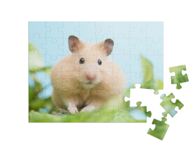 Puzzle 48 Teile „Goldhamster umringt von grünen Blättern“