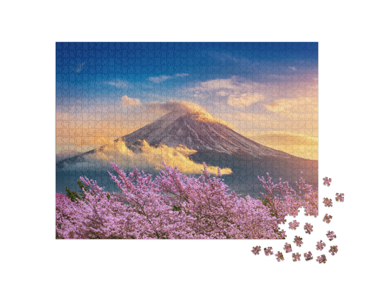 Puzzle 1000 Teile „Fuji und Kirschblüten an einem Frühlingsabend, Japan“