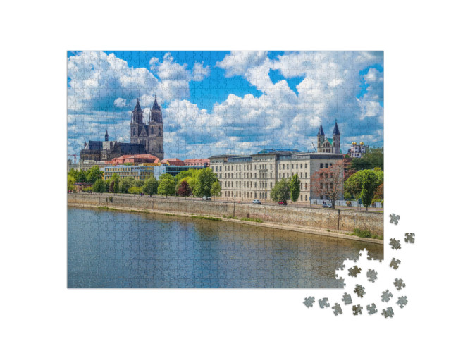 Puzzle 1000 Teile „Blick über Magdeburg, Landeshauptstadt von Sachsen-Anhalt, Deutschland“