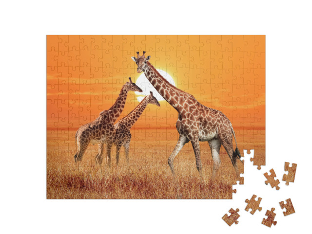 Puzzle 200 Teile „Giraffe mit ihren zwei Jungtieren, Serengeti-Nationalpark, Tansania“