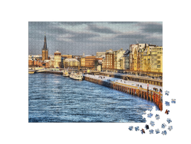 Puzzle 1000 Teile „Winterliche Rheinterrassen in Düsseldorf, Nordrhein-Westfalen, Deutschland“