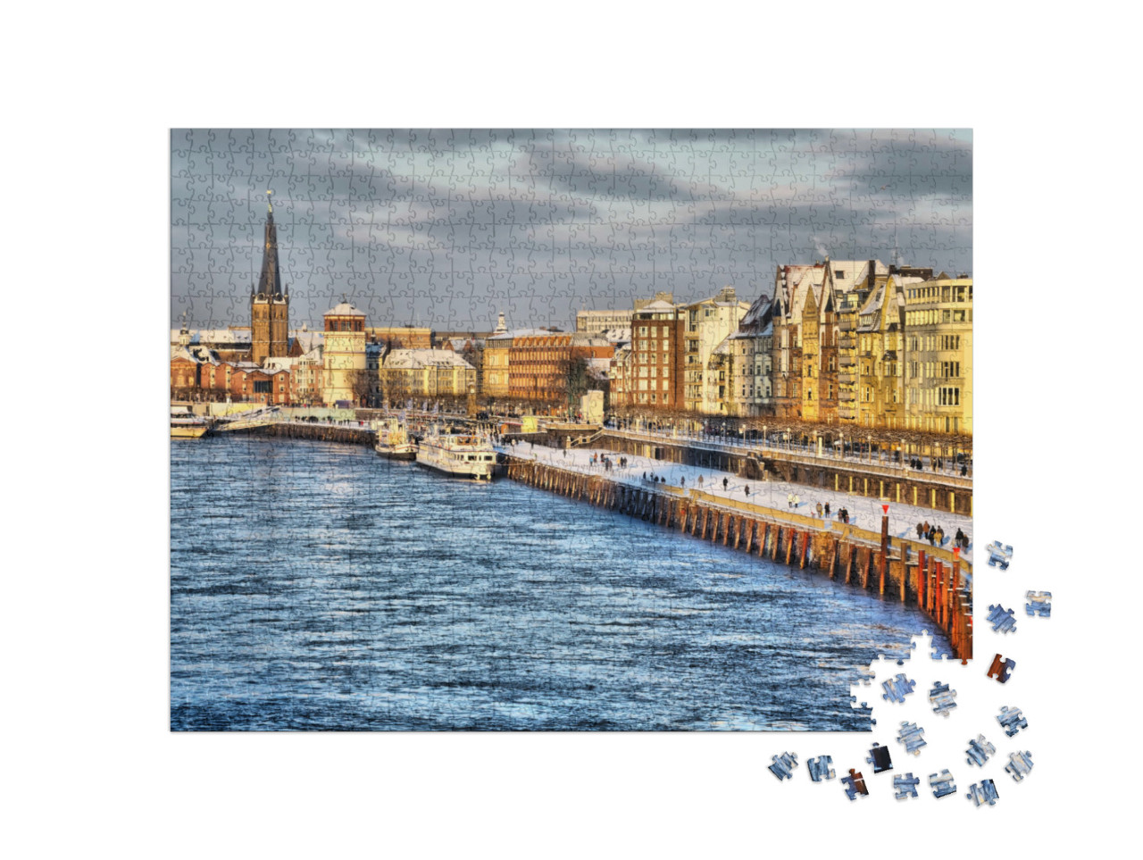 Puzzle 1000 Teile „Winterliche Rheinterrassen in Düsseldorf, Nordrhein-Westfalen, Deutschland“