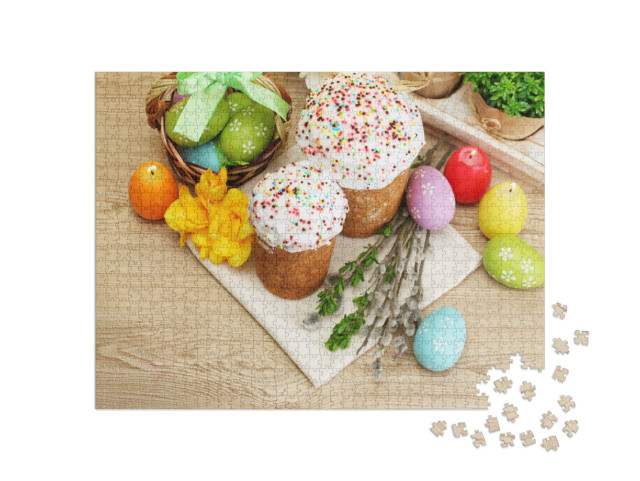 Puzzle 1000 Teile „Osterkuchen mit bunten Eiern und Ostereikerzen“