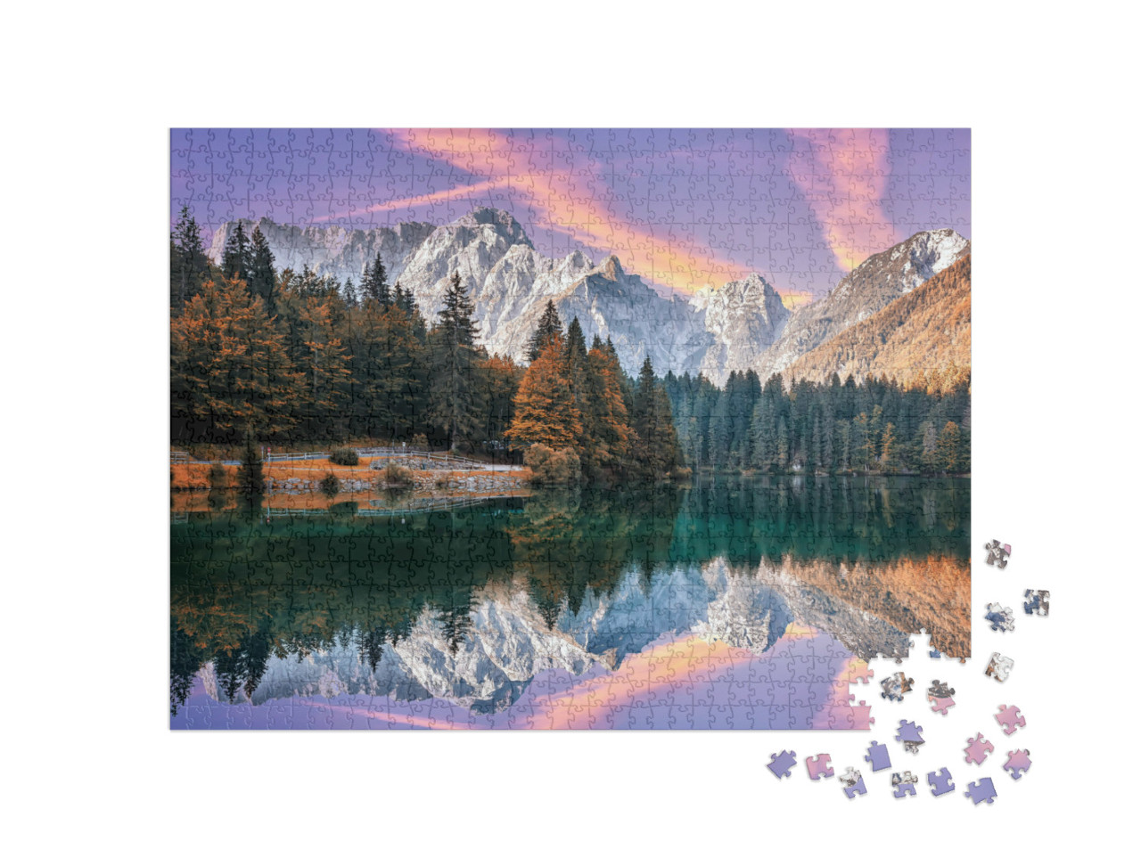 Puzzle 1000 Teile „Sonnenaufgang im Herbst am Fusine-See vor dem Mangart“