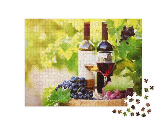 Puzzle 1000 Teile „Wein auf einem Holzfass auf einem Weinberg“