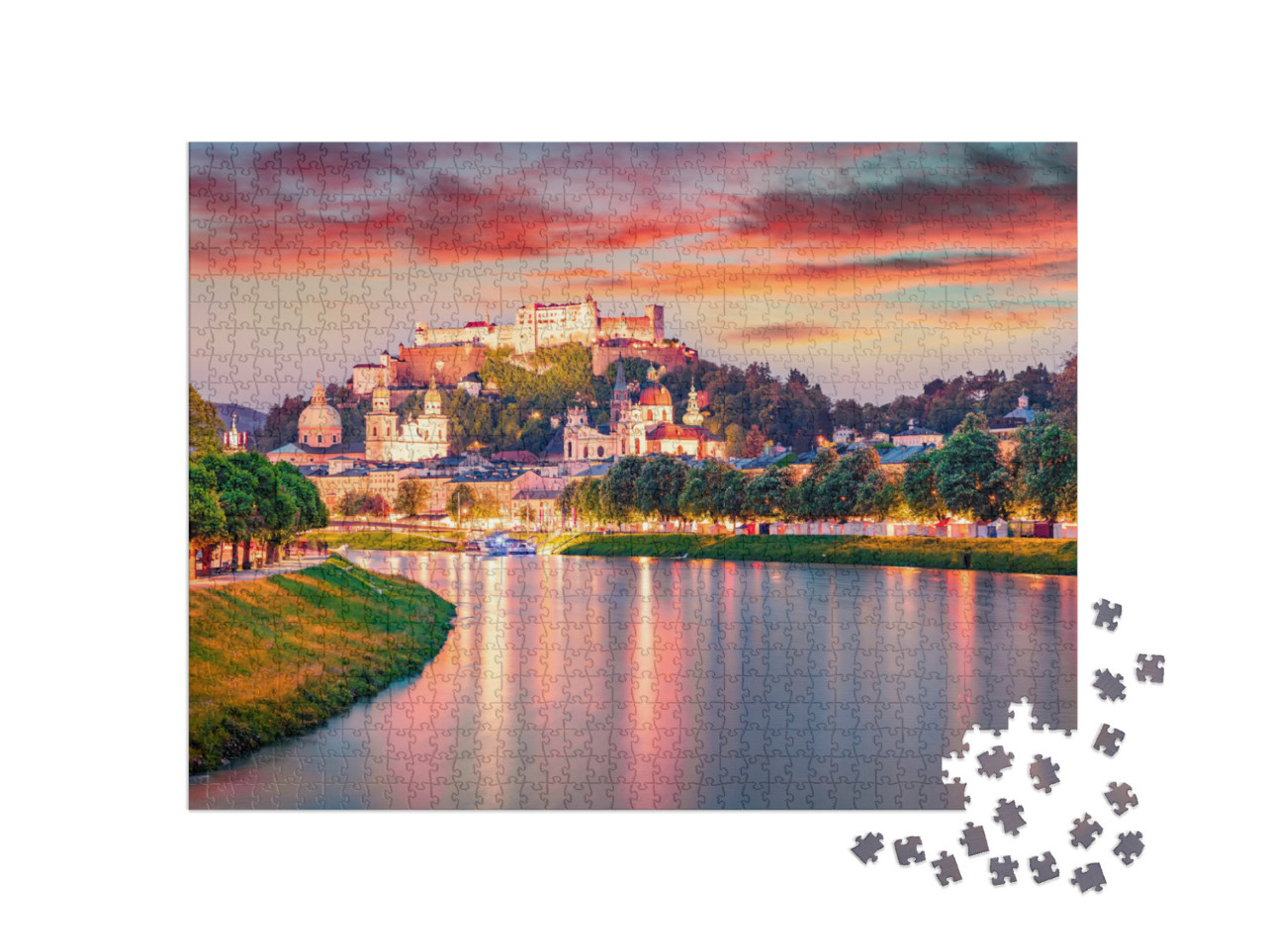 Puzzle 1000 Teile „Sommeransicht der Altstadt von Salzburg bei Sonnenuntergang“