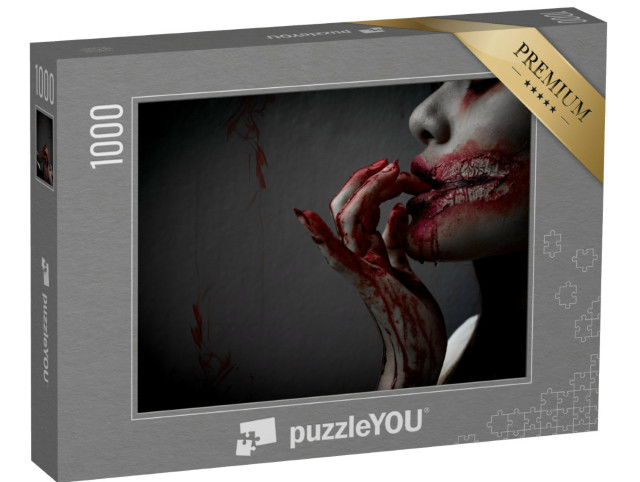 Puzzle 1000 Teile „Zombie-Frau mit Blut an der Hand und am Mund “
