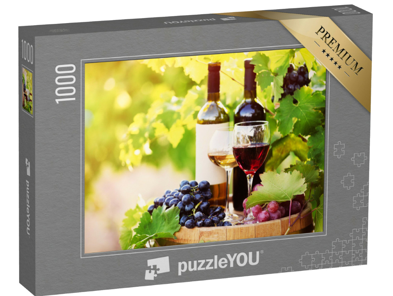 Puzzle 1000 Teile „Wein auf einem Holzfass auf einem Weinberg“