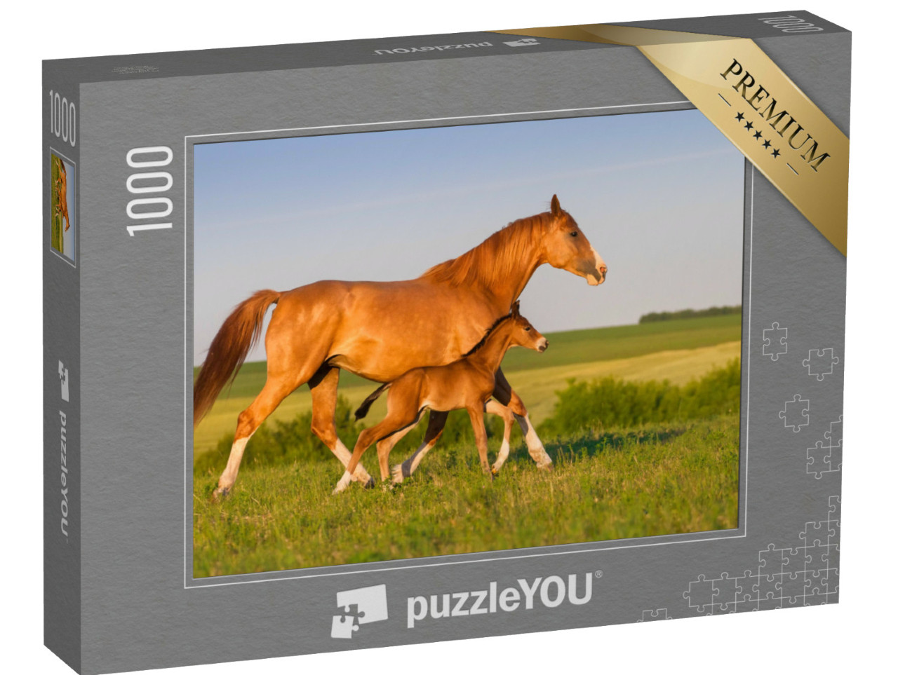 Puzzle 1000 Teile „Stute mit Hengstfohlen im Sonnenaufgang“