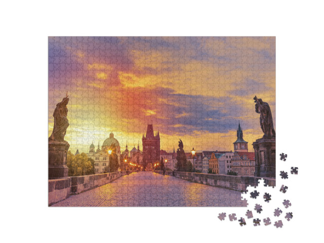 Puzzle 1000 Teile „Blick auf die Karlsbrücke in Prag bei Sonnenuntergang“