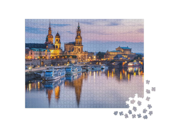 Puzzle 1000 Teile „Dresden an der Elbe in der blauen Stunde der Dämmerung“