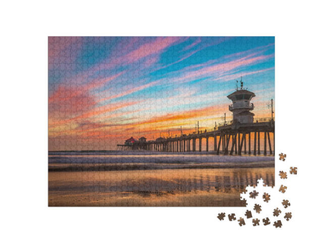 Puzzle 1000 Teile „Wunderschöner Sonnenuntergang über dem Huntington Beach Pier, Kalifornien“