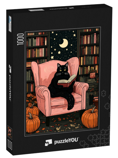 Puzzle 1000 Teile „Schwarze Katze beim lesen im Sessel an Halloween“