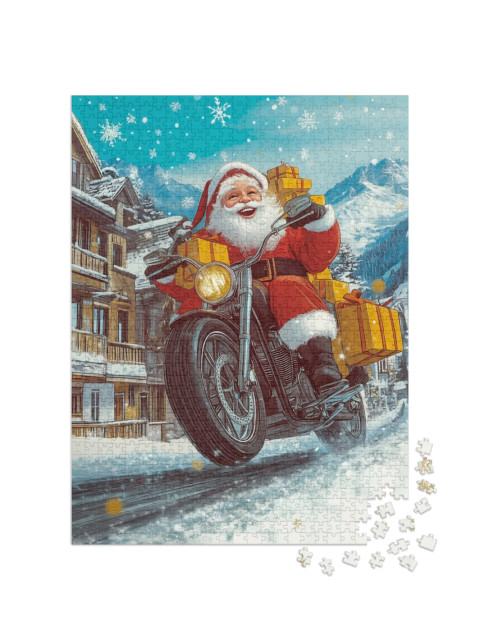 Puzzle 1000 Teile „Santa verteilt Geschenke auf seinem Motorrad“