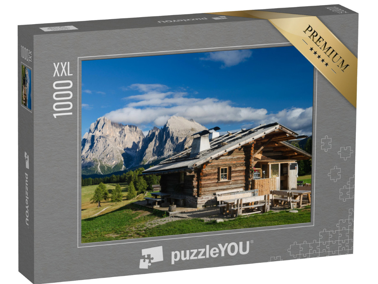 Puzzle 1000 Teile XXL „Hütte auf der Seiser Alm mit Plattkofel und Langkofel, Südtirol“