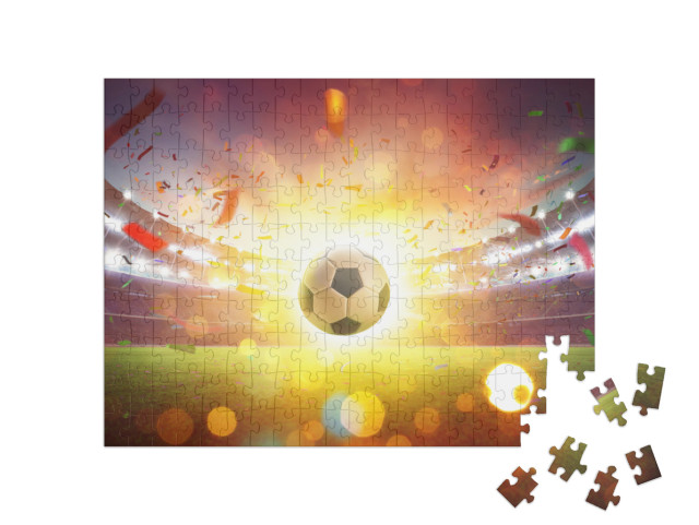 Puzzle 200 Teile „Schwebender Fußball im Fußballstadion abstrakt“