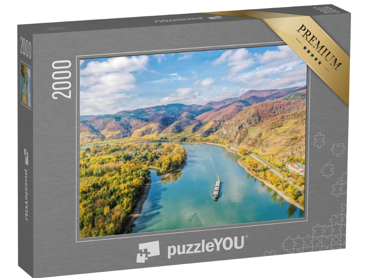 Puzzle 2000 Teile „Panorama des Wachautals mit Schiff auf der Donau“